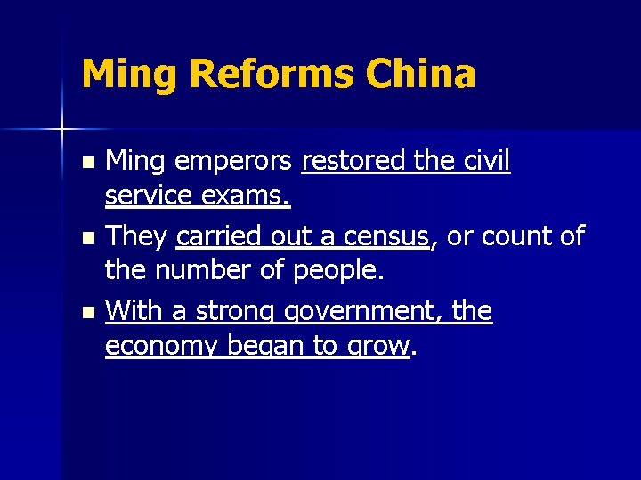 Ming Reforms China Ming emperors restored the civil service exams. n They carried out