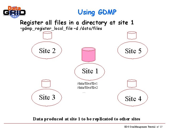Using GDMP Register all files in a directory at site 1 • gdmp_register_local_file –d