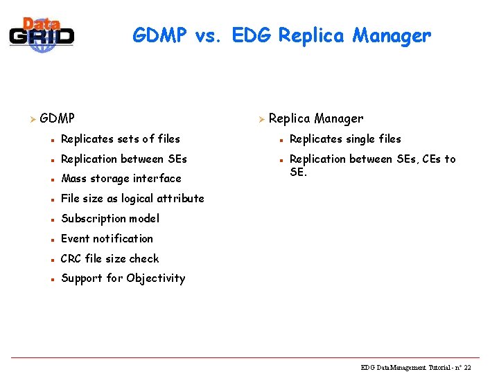 GDMP vs. EDG Replica Manager Ø GDMP Ø Replica Manager n Replicates sets of