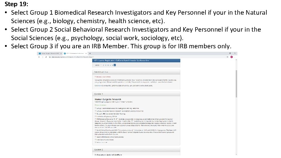 Step 19: • Select Group 1 Biomedical Research Investigators and Key Personnel if your