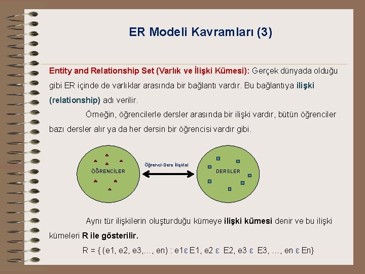 ER Modeli Kavramları (3) Entity and Relationship Set (Varlık ve İlişki Kümesi): Gerçek dünyada