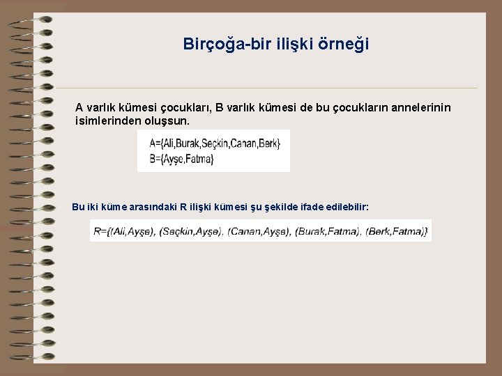 Birçoğa-bir ilişki örneği A varlık kümesi çocukları, B varlık kümesi de bu çocukların annelerinin