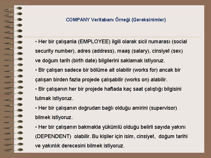 COMPANY Veritabanı Örneği (Gereksinimler) • Her bir çalışanla (EMPLOYEE) ilgili olarak sicil numarası (social