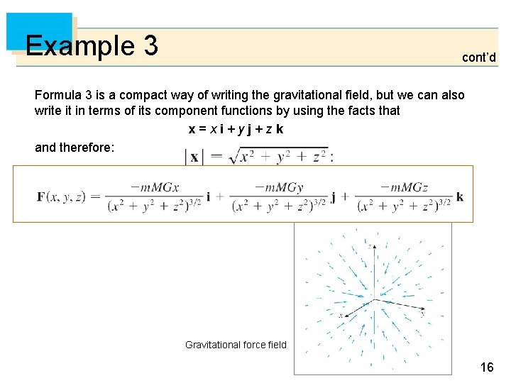 Example 3 cont’d Formula 3 is a compact way of writing the gravitational field,