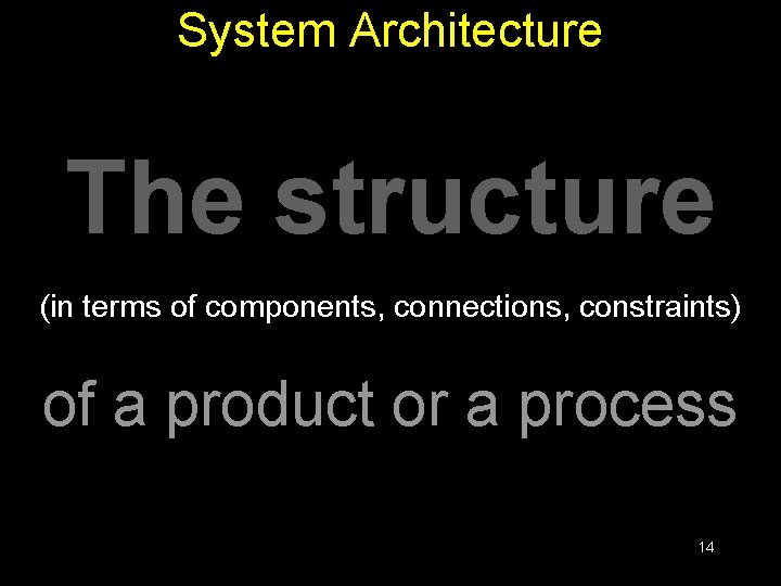 System Architecture The structure (in terms of components, connections, constraints) of a product or System Architecture The structure (in terms of components, connections, constraints) of a product or