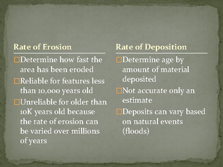 Rate of Erosion Rate of Deposition �Determine how fast the �Determine age by area