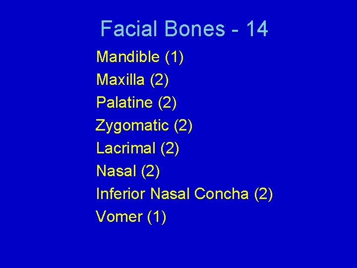 Facial Bones - 14 Mandible (1) Maxilla (2) Palatine (2) Zygomatic (2) Lacrimal (2)