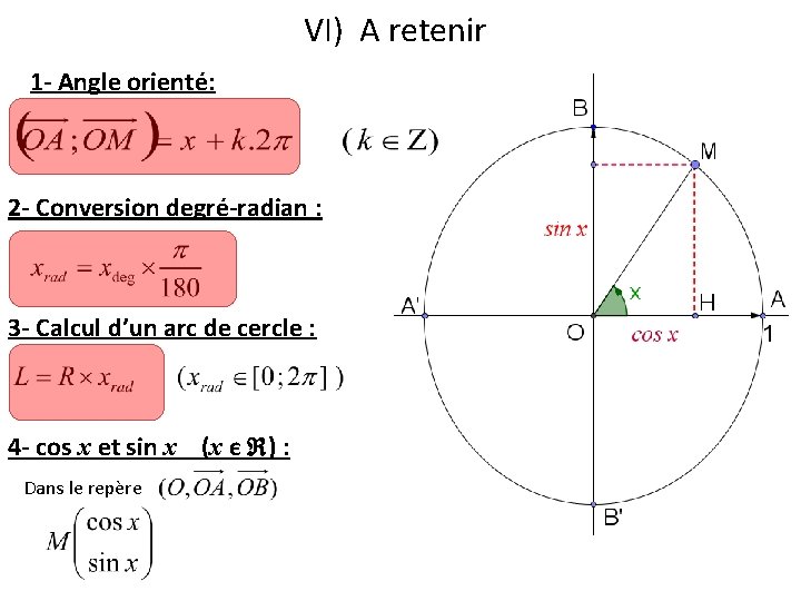 VI) A retenir 1 - Angle orienté: 2 - Conversion degré-radian : 3 -