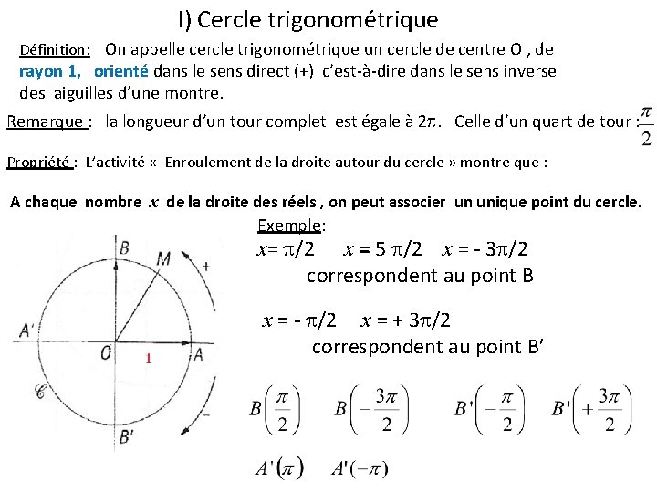 I) Cercle trigonométrique Définition: On appelle cercle trigonométrique un cercle de centre O ,
