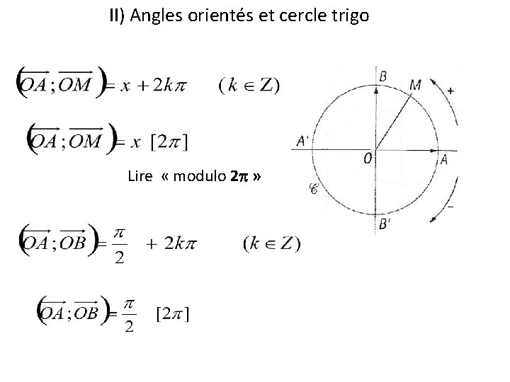 II) Angles orientés et cercle trigo Lire « modulo 2 » 