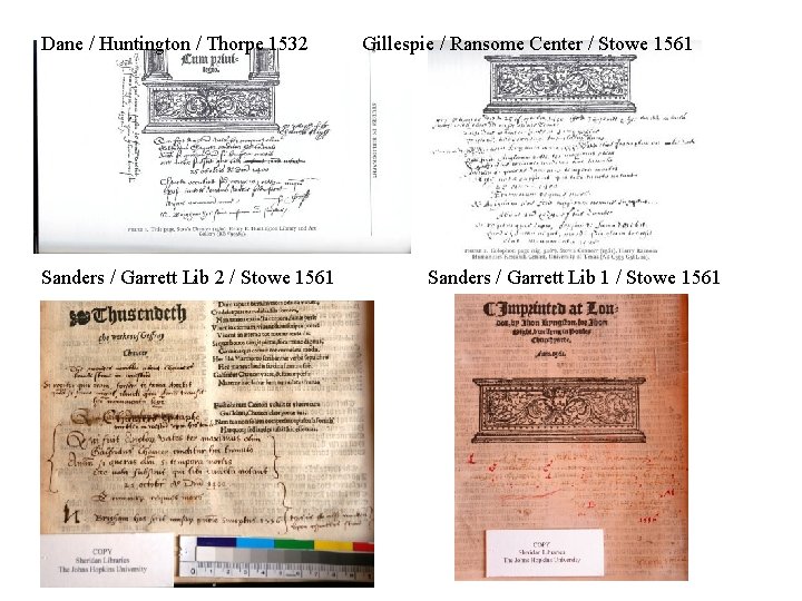 Dane / Huntington / Thorpe 1532 Sanders / Garrett Lib 2 / Stowe 1561