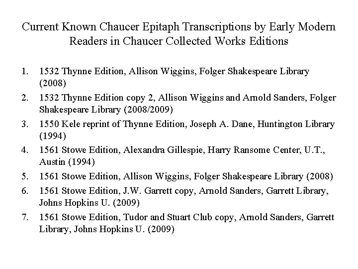 Current Known Chaucer Epitaph Transcriptions by Early Modern Readers in Chaucer Collected Works Editions