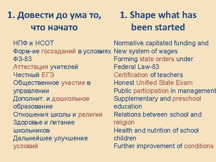 1. Довести до ума то, что начато НПФ и НСОТ Форм-ие госзаданий в условиях