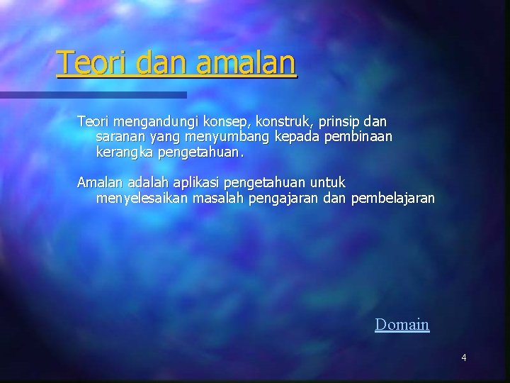 Teori dan amalan Teori mengandungi konsep, konstruk, prinsip dan saranan yang menyumbang kepada pembinaan