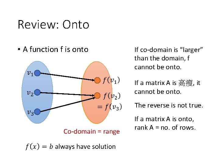 Review: Onto • A function f is onto If co-domain is “larger” than the