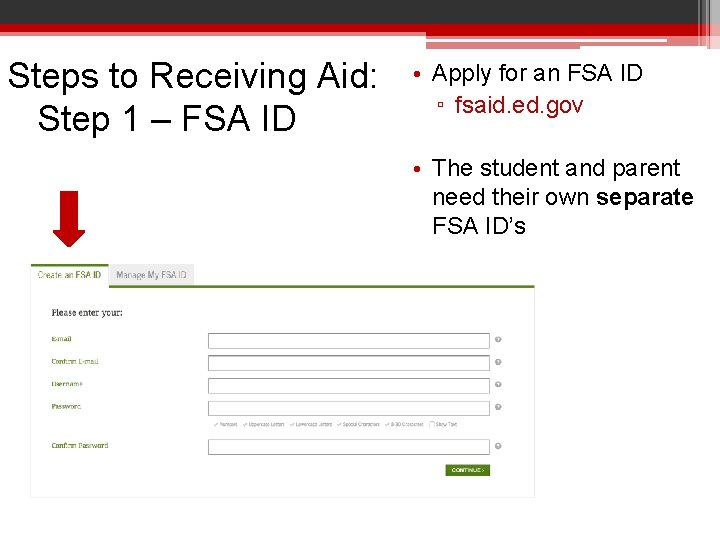 Steps to Receiving Aid: Step 1 – FSA ID • Apply for an FSA