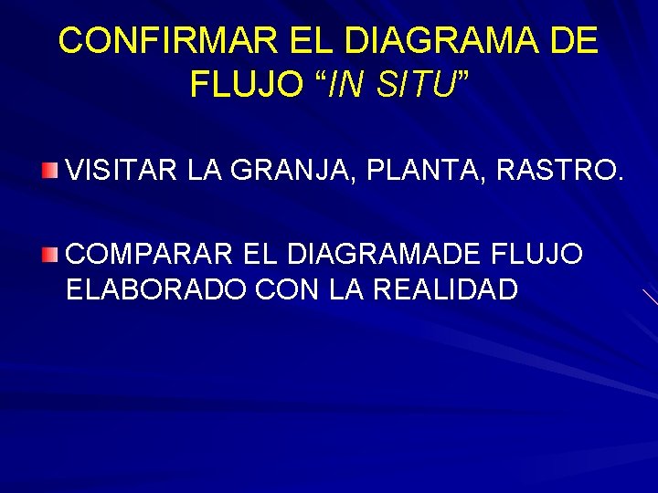 CONFIRMAR EL DIAGRAMA DE FLUJO “IN SITU” VISITAR LA GRANJA, PLANTA, RASTRO. COMPARAR EL