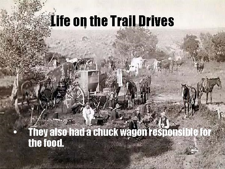 Life on the Trail Drives • They also had a chuck wagon responsible for