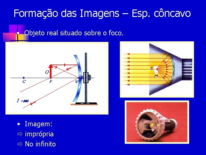 Formação das Imagens – Esp. côncavo • Objeto real situado sobre o foco. O