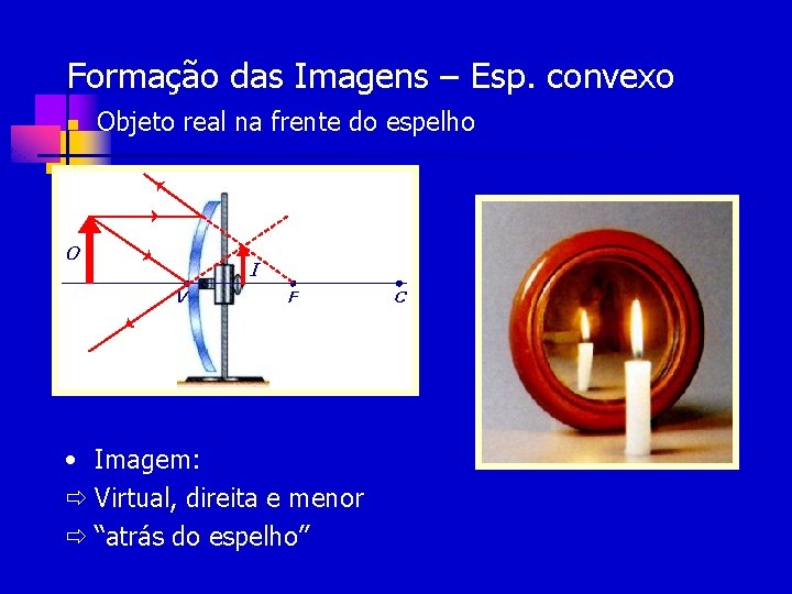 Formação das Imagens – Esp. convexo n Objeto real na frente do espelho O