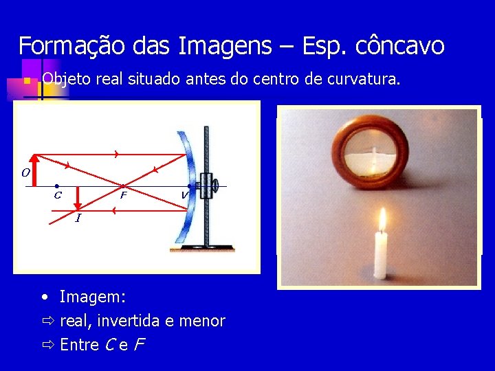 Formação das Imagens – Esp. côncavo n Objeto real situado antes do centro de