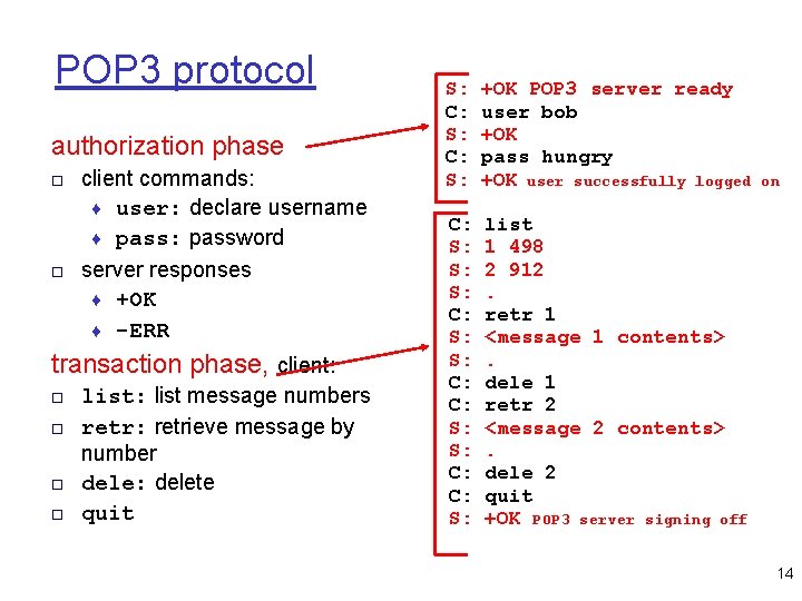 POP 3 protocol authorization phase □ client commands: ♦ user: declare username ♦ pass: