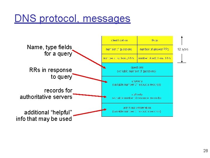 DNS protocol, messages Name, type fields for a query RRs in response to query