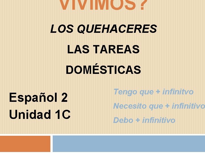 VIVIMOS? LOS QUEHACERES LAS TAREAS DOMÉSTICAS Español 2 Unidad 1 C Tengo que +