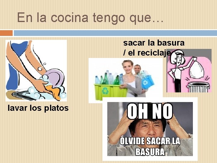 En la cocina tengo que… sacar la basura / el reciclaje lavar los platos