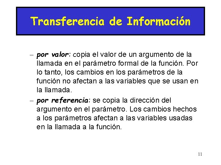 Transferencia de Información – por valor: copia el valor de un argumento de la