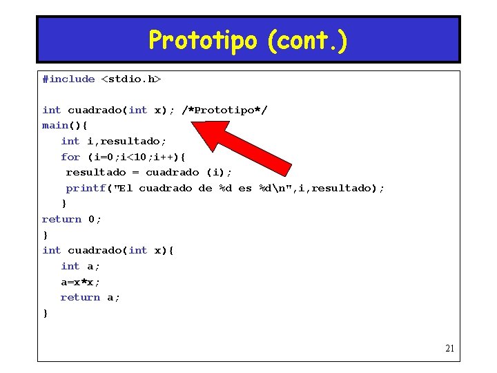 Prototipo (cont. ) #include <stdio. h> int cuadrado(int x); /*Prototipo*/ main(){ int i, resultado;