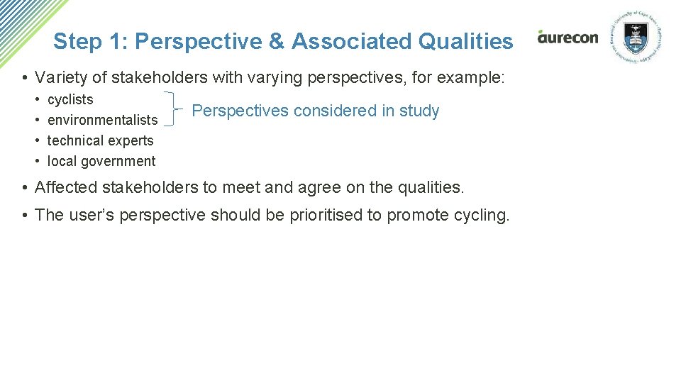 Step 1: Perspective & Associated Qualities • Variety of stakeholders with varying perspectives, for Step 1: Perspective & Associated Qualities • Variety of stakeholders with varying perspectives, for