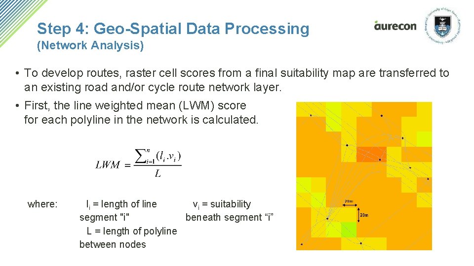 Step 4: Geo-Spatial Data Processing (Network Analysis) • To develop routes, raster cell scores Step 4: Geo-Spatial Data Processing (Network Analysis) • To develop routes, raster cell scores
