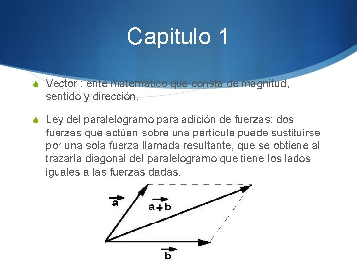 Capitulo 1 S Vector : ente matemático que consta de magnitud, sentido y dirección.