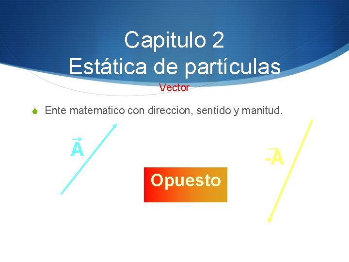 Capitulo 2 Estática de partículas Vector S Ente matematico con direccion, sentido y manitud.