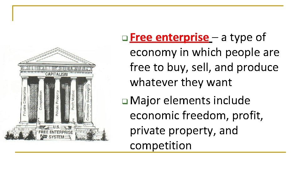 Free enterprise – a type of economy in which people are free to buy,