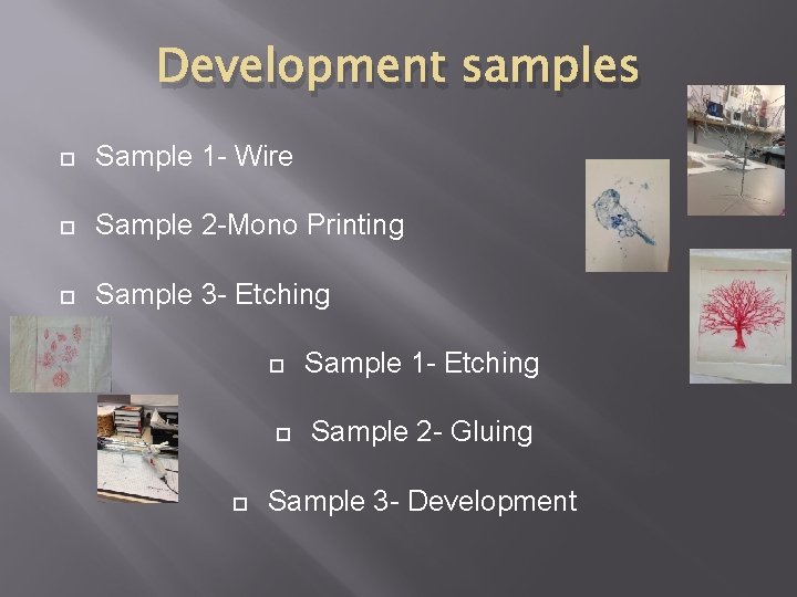 Development samples Sample 1 - Wire Sample 2 -Mono Printing Sample 3 - Etching