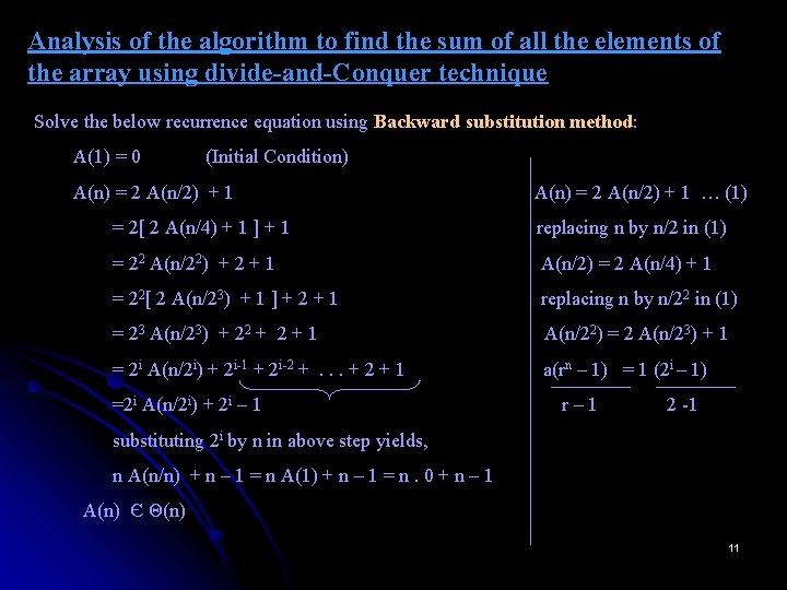 Analysis of the algorithm to find the sum of all the elements of the