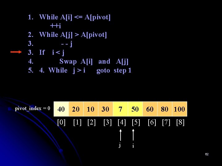1. While A[i] <= A[pivot] ++i 2. While A[j] > A[pivot] 3. --j 3.