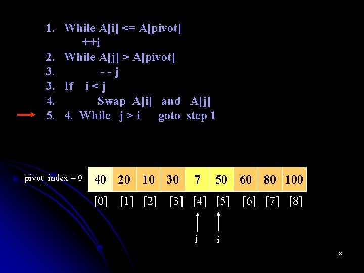 1. While A[i] <= A[pivot] ++i 2. While A[j] > A[pivot] 3. --j 3.