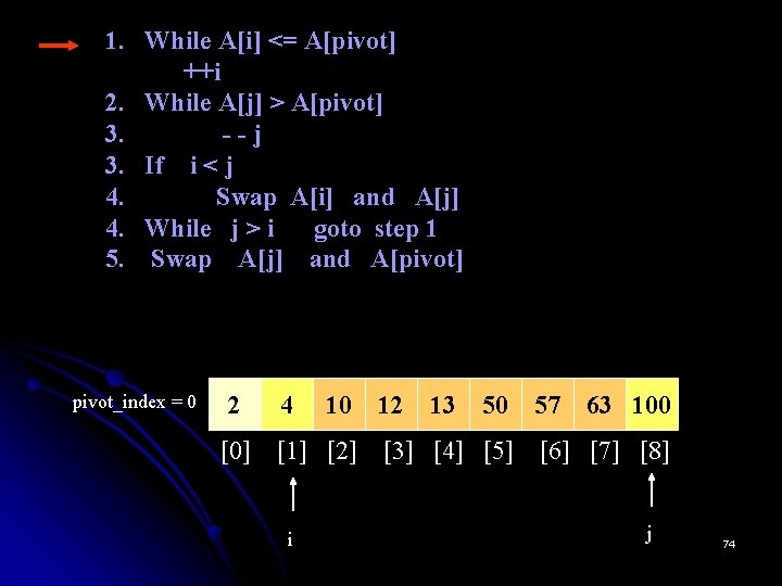 1. While A[i] <= A[pivot] ++i 2. While A[j] > A[pivot] 3. --j 3.