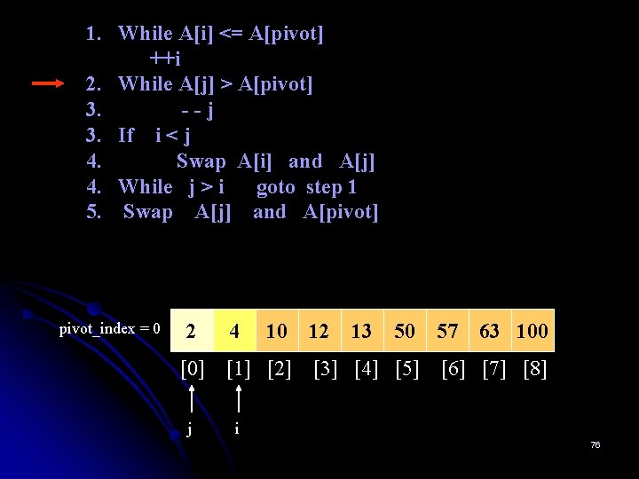 1. While A[i] <= A[pivot] ++i 2. While A[j] > A[pivot] 3. --j 3.
