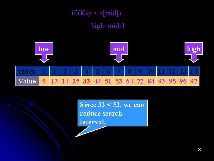 if (Key < a[mid]) high=mid-1 low mid high Index 0 1 2 3 4