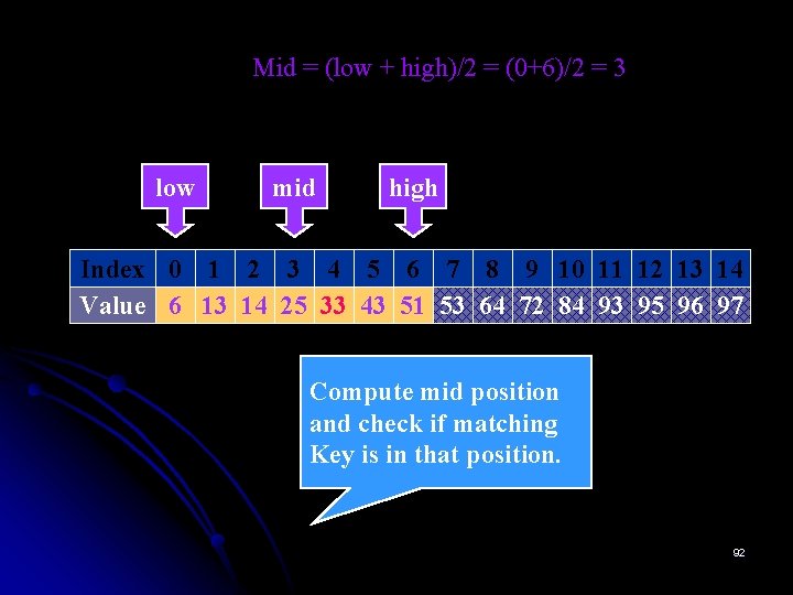 Mid = (low + high)/2 = (0+6)/2 = 3 low mid high Index 0