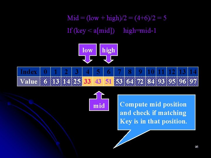 Mid = (low + high)/2 = (4+6)/2 = 5 If (key < a[mid]) low