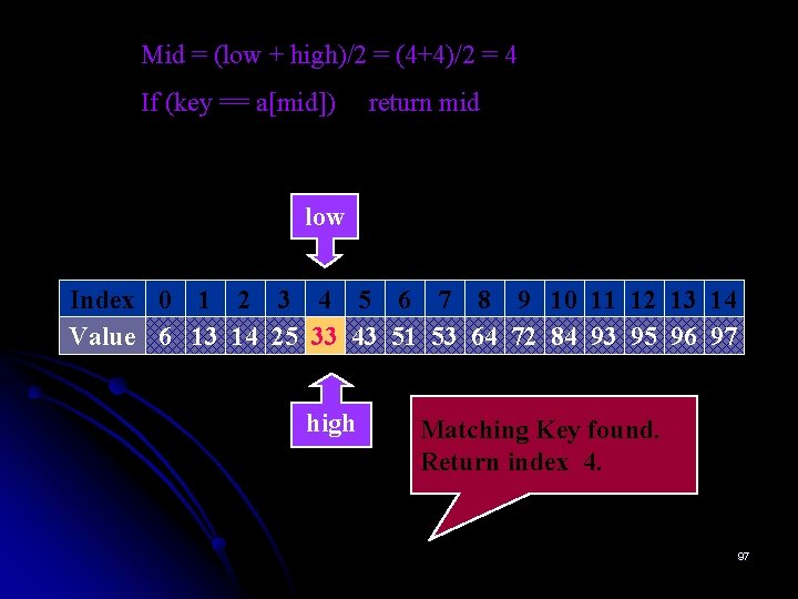 Mid = (low + high)/2 = (4+4)/2 = 4 If (key == a[mid]) return