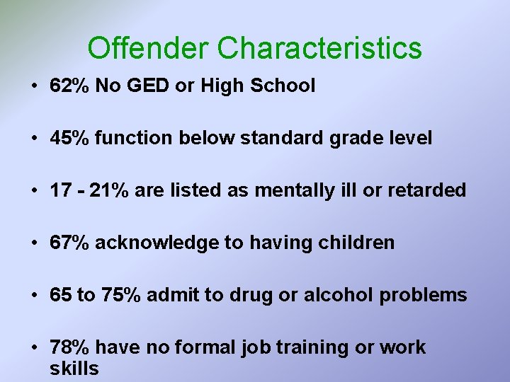 Offender Characteristics • 62% No GED or High School • 45% function below standard