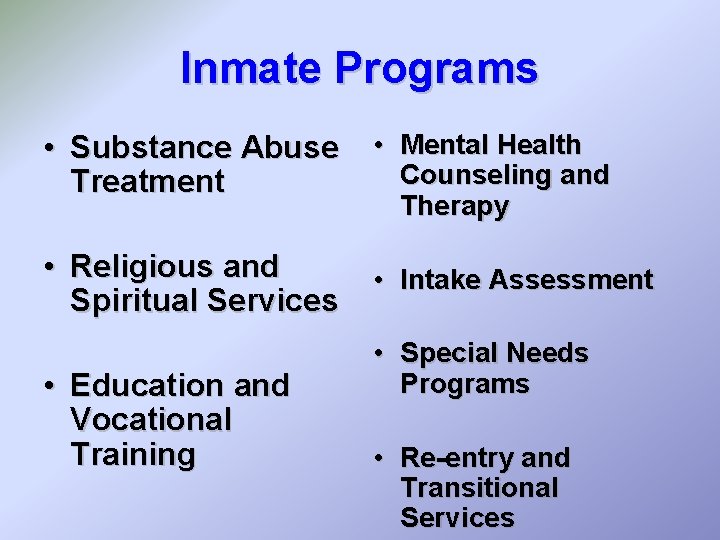 Inmate Programs • Substance Abuse Treatment • Mental Health Counseling and Therapy • Religious