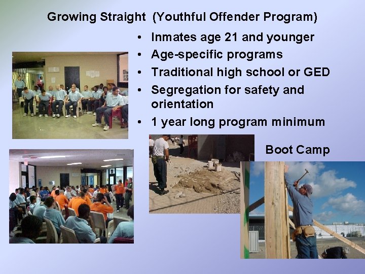 Growing Straight (Youthful Offender Program) • • Inmates age 21 and younger Age-specific programs