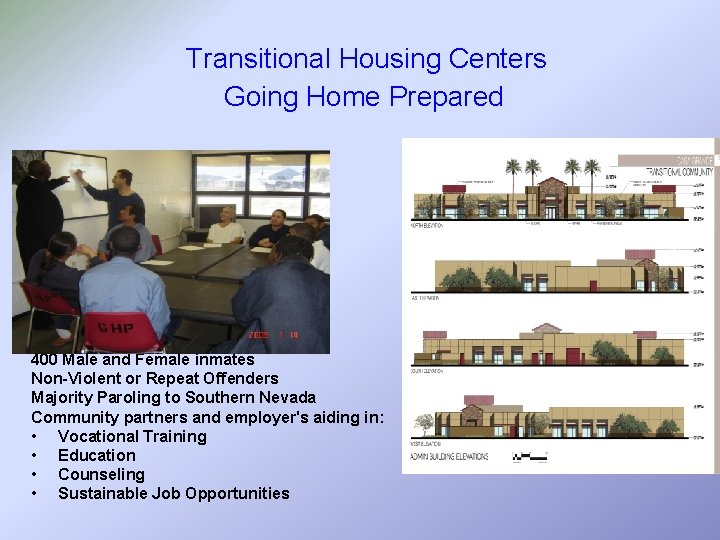 Transitional Housing Centers Going Home Prepared 400 Male and Female inmates Non-Violent or Repeat